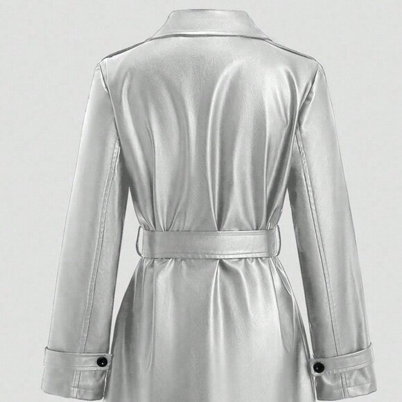 Silver Elegant Women's Long Sleeve Double-Breasted Trench Coat - Picture 7 of 11